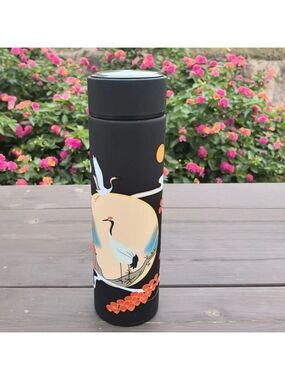 NEW 16 oz Black Stainless Steel Insulated Thermos Flask - Asian Crane Design